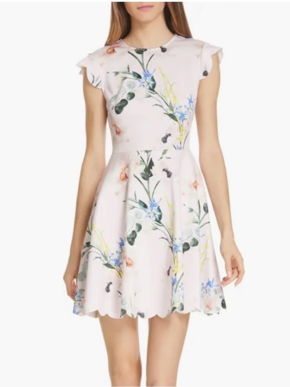 Ted Baker Karsali Elegance Pink Floral Scalloped Skater Dress Sz 5 US Sz 12-14
